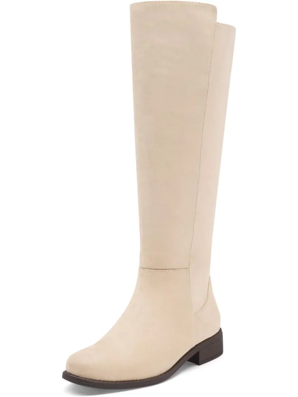 Women's Beige Suede Chunky Block Low Heel Round Toe Side Zipper Knee High Boots